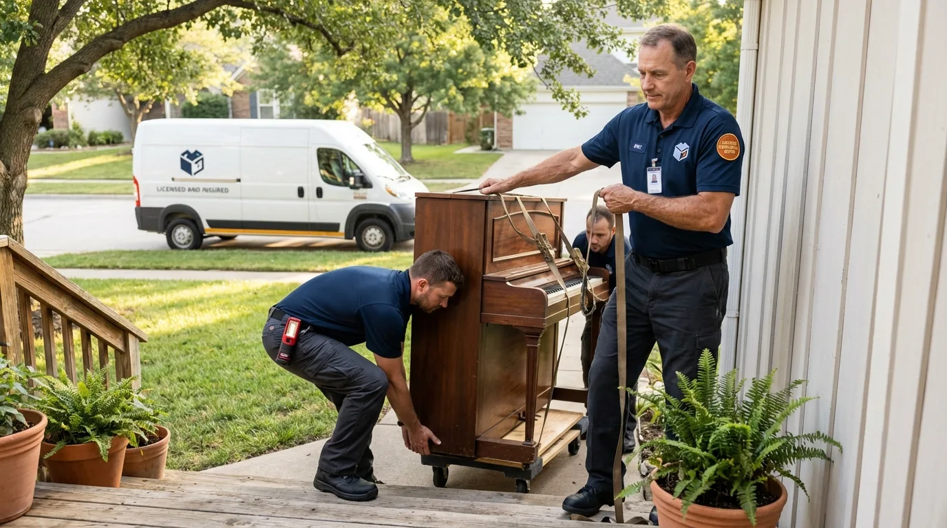 Licensed piano movers securing grand piano in Saint Clair, PA