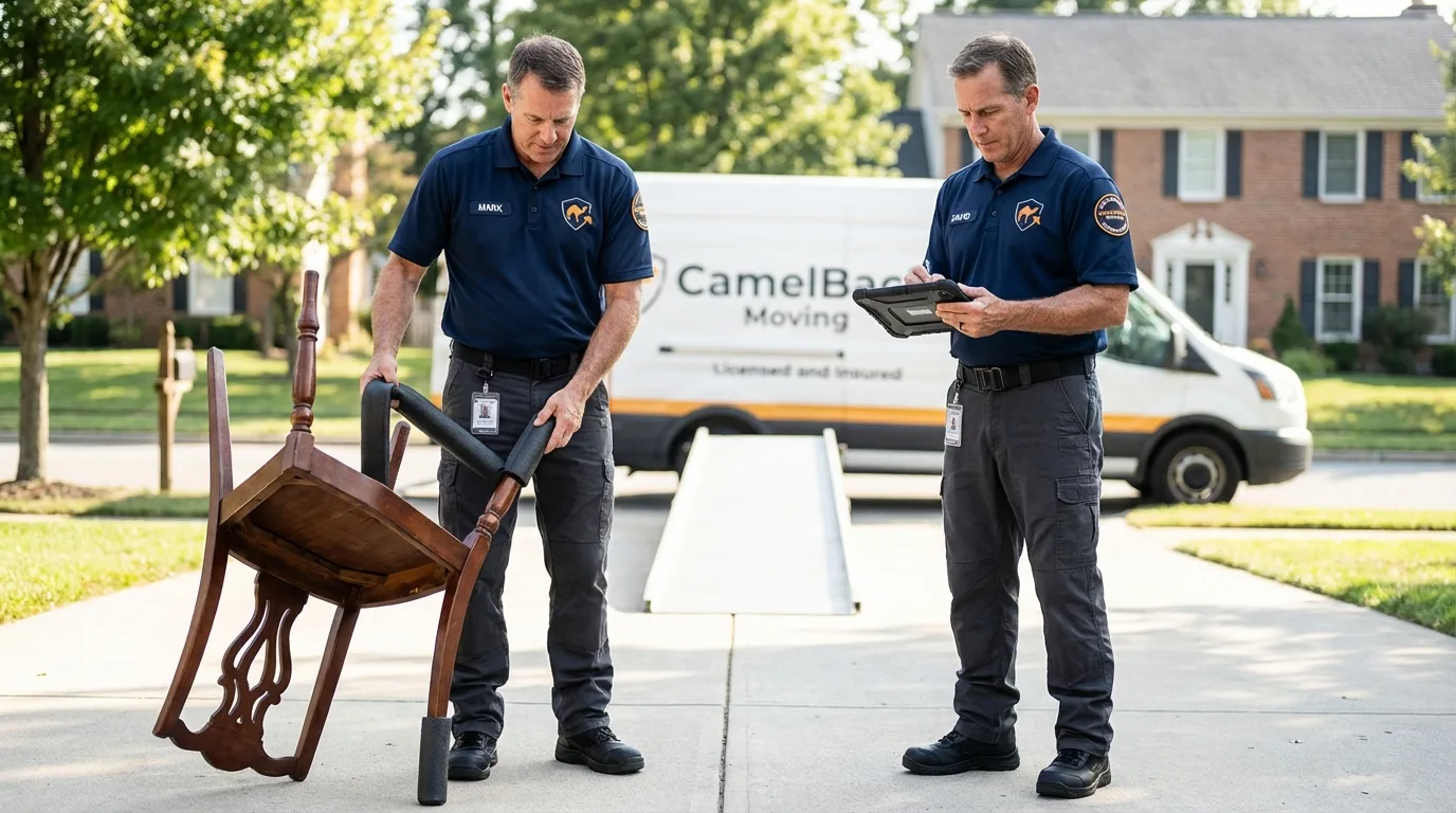 Movers inspecting furniture for damage prevention before loading in Saint Clair, PA