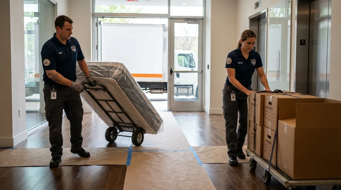 Professional apartment movers loading elevator in Saint Clair, PA